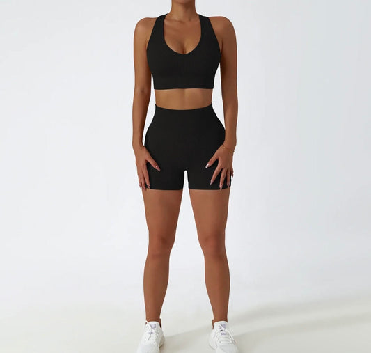 2 Piece Women's Seamless Ribbed Workout Set With Shorts